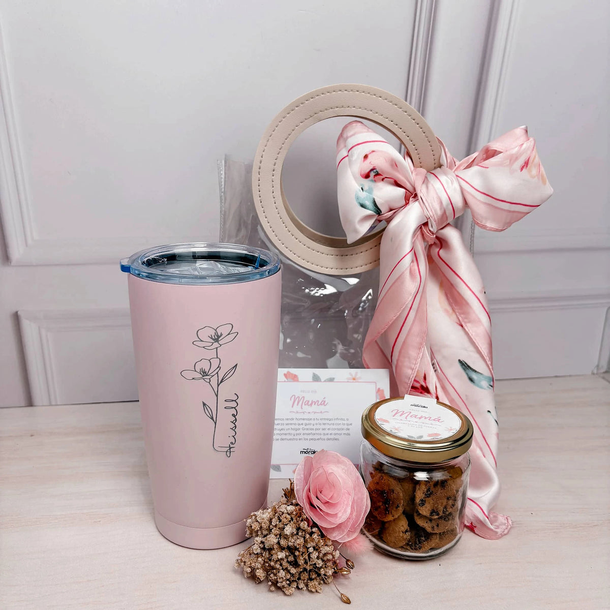Bolsa Transparente con Termo y Flores Preservadas