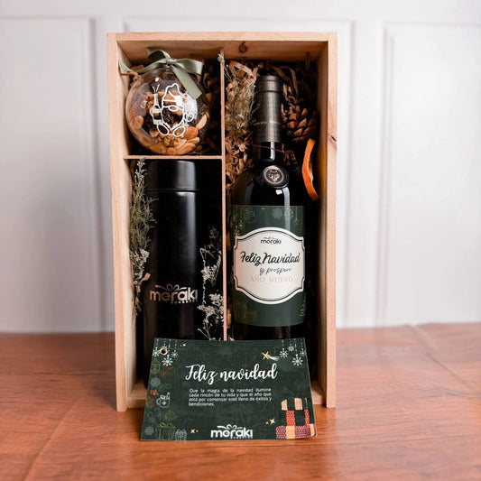 Box de Pino con Vino y Termo Personalizado